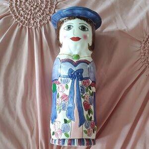 Charming Ceramic Lady Figurine with Blue and Pink Details